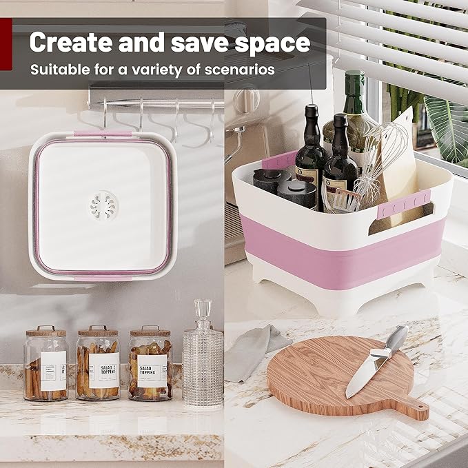 Collapsible Dish Basin, 9L Capacity, Portable Sink for Kitchen, Camping, RV, Gray (Pink)