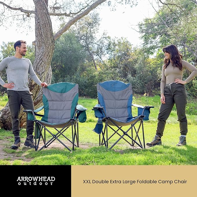 ARROWHEAD OUTDOOR XXL Folding Padded Camping Chair w/Cup & Wine Holder, Armrest Cooler, Support up to 600 lbs, Blue