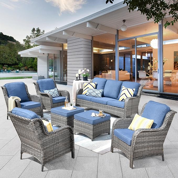 ovios 7 Pieces Patio Furniture Set, Outdoor Wicker Sofas with 4 Chairs, Ottomans and Comfy Cushions, All Weather High Back Couch Set for Deck Porch, Grey Rattan, Denim Blue