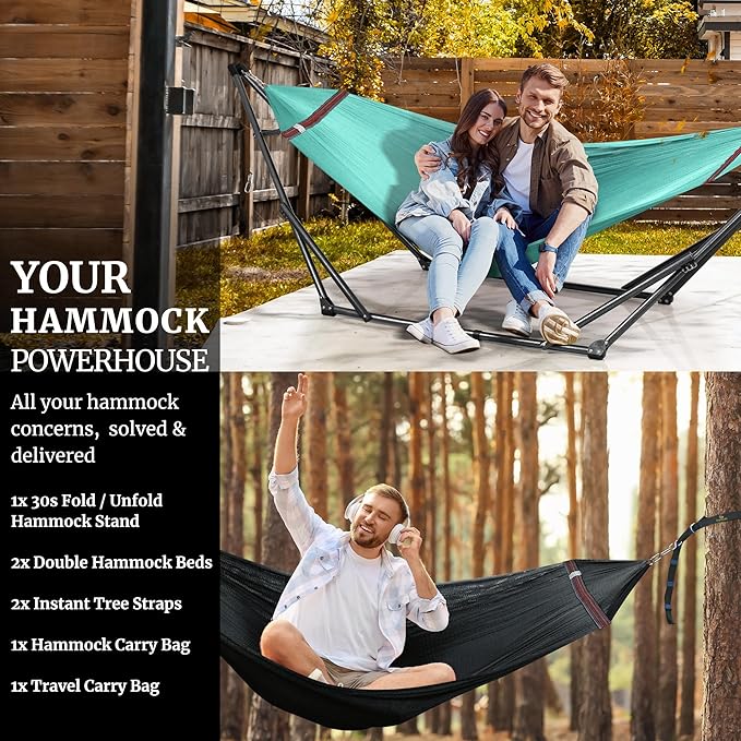 Tranquillo Combo x2 Hammocks with Stand for Outside & Tree Straps, Heavy Duty Hammock with Stand 600lbs for Indoor Outdoor Patio Backyard, x2 Hammocks for 2 Person, Portable Carrying Bags, Sky