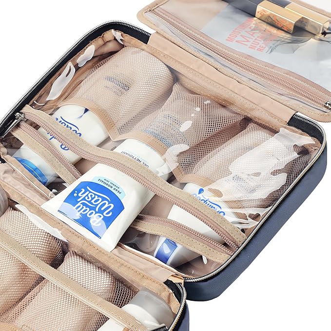NISHEL Travel Toiletry Bag for women, Portable Hanging Organizer for Travel-Sized Shampoo, Conditioner, Brushes Set, Makeup Accessories, Medium Size, Aegean-Blue