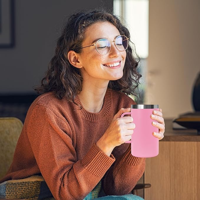 DOMICARE 24oz Mug with Handle and Lid, Stainless Steel Coffee Mug, Travel Mug with Handle, Double Wall Vacuum Coffee Tumbler, Reusable Insulated Cup, Pink, Pack 8