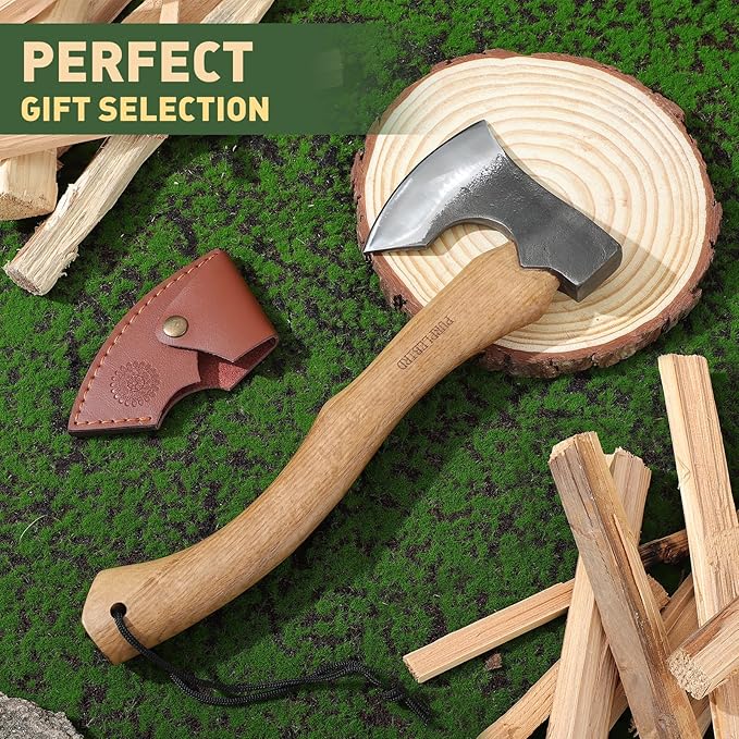 PURPLEBIRD Hatchet Axe with Sheath for Camping, 15 Inch Bushcraft Axe Carbon Steel Chopping Axe Wood Handle Splitting Axe, Hand-Forged Camping Hatchet for Carving Bushcraft Outdoor Forest Garden