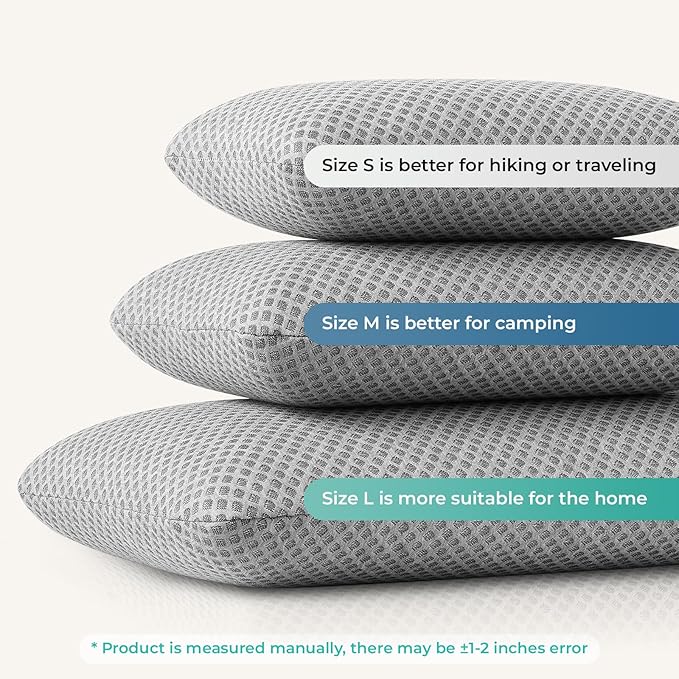 Travel Pillow Memory Foam Pillows, Camping Pillow-Compressible Medium Firm, Breathable Cover, Ideal Backpacking Hiking, Bed Pillows, Airplane and Car (Light Grey, M)
