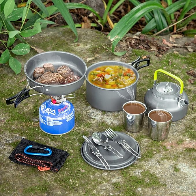 Odoland 12pcs Camping Cookware Mess Kit with Mini Stove, Lightweight Pot Pan Kettle with 2 Cups, Fork Spoon Kit for Backpacking, Outdoor Camping Hiking and Picnic