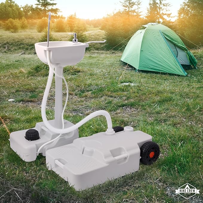 Hike Crew Portable Camping Sink & Waste Tank | Large Outdoor Hand Washing Station with 4.5 Gal Capacity, Hands-Free Foot Pump, Faucet, Soap Dispenser & Towel Rack | Includes 8 Gal Travel Waste Tank
