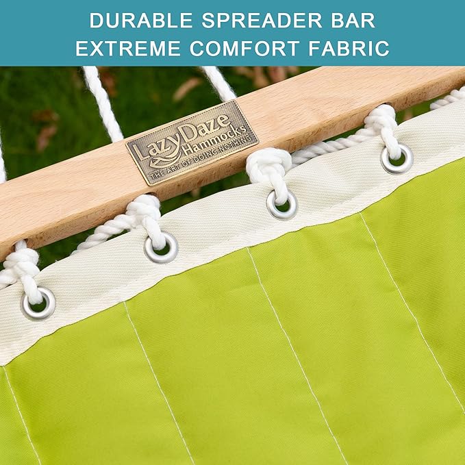 Lazy Daze Hammocks Quilted Fabric Double Hammock with Pillow, Spreader Bar Swing for Two Person (Light Green)