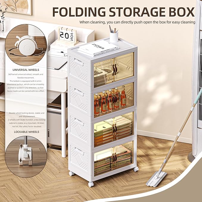 200 QT / 50 Gal Stackable Collapsible Storage Bins (1 Lid) with Magnetic Doors & Wheels - Plastic Cabinet Organizer for Home Office Closet, White Space-Saving Containers