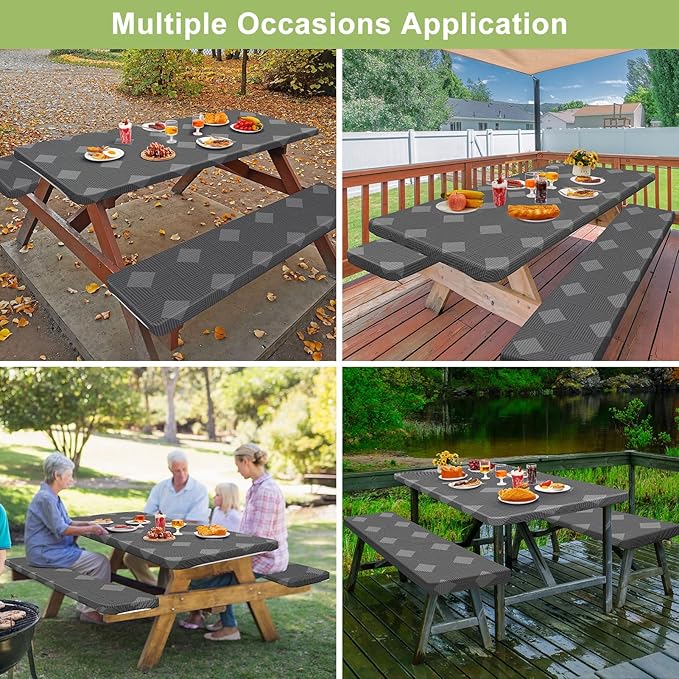 Picnic Table Cover with Bench Covers Camping Essentials Waterproof Windproof Camping Tablecloth with Drawstring Bag, Fitted Rectangle Tables and Seats, 72in, Grey Plaid