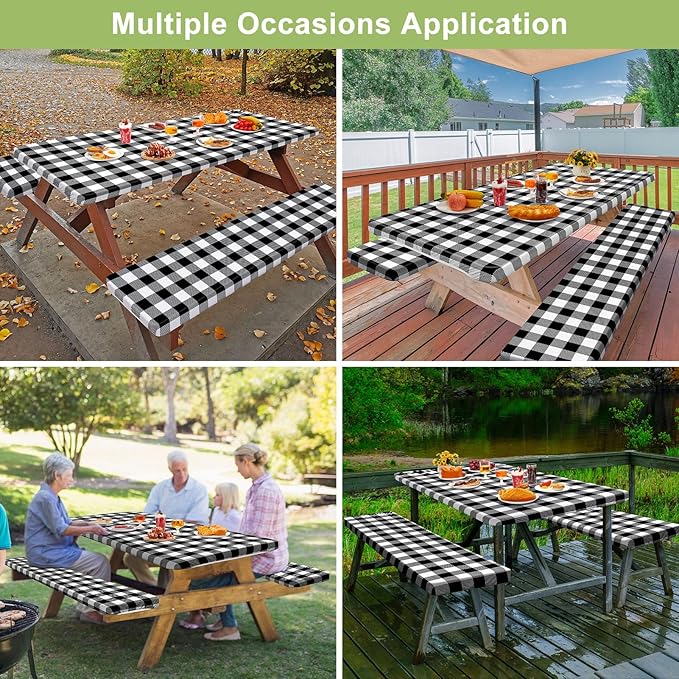 Picnic Table Cover with Bench Covers Camping Essentials Waterproof Windproof Camping Tablecloth with Drawstring Bag, Fitted Rectangle Tables and Seats, 96in, White Black Checkered