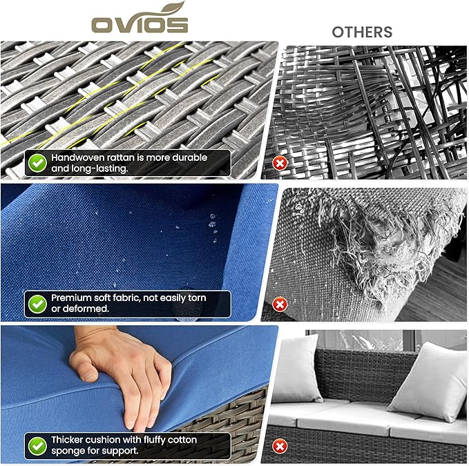 ovios 6 Pieces Patio Furniture Set with 42" Fire Pit Table, Outdoor Wicker Sofa with Ottomans, Comfy Cushions, High Back Couch Conversation Set, Brown Rattan, Navy Blue