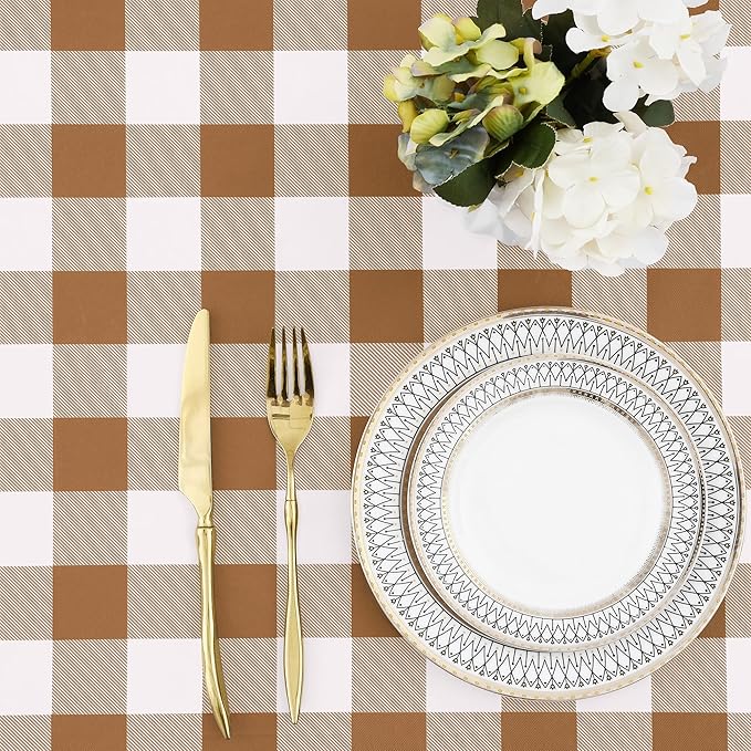 misaya Buffalo Rectangle Picnic Tablecloth, 4 Foot Elastic Fitted Vinyl Table Cloth with Flannel Backing, Waterproof Plaid Table Covers for Dining, Camping, Outdoor (Brown and White, 24" x 48")