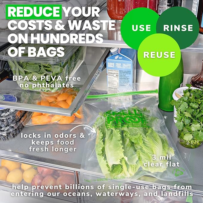 Smelly Proof Reusable Freezer Bags for Food Storage MADE IN USA, Easy Clean, Dishwasher-Safe, BPA FREE, NO PEVA, XXL 3-mil Thick Bags, Extra Large+ Clear FLAT 12" x 16", 2-GALLON, 5-Pack