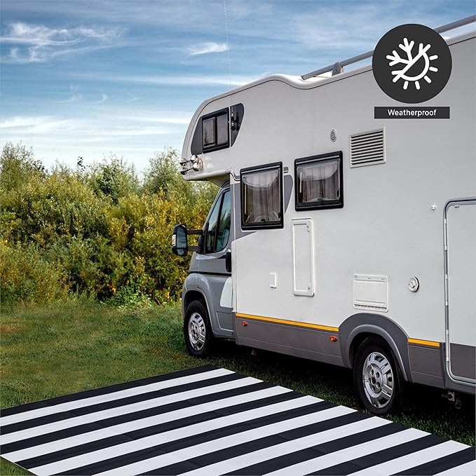 FH Home Outdoor Rug - Waterproof, Fade Resistant, Reversible - Premium Recycled Plastic - Striped - Patio, Deck, Porch, Balcony, Laundry Room - Brittany Stripe - Black & White Crease Free - 4 x 6 ft