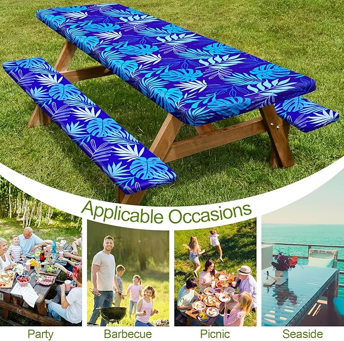 Picnic Table Cover with Bench Covers Camping Essentials Waterproof Windproof Camping Tablecloth with Drawstring Bag, Fitted Rectangle Tables and Seats, 96in, Dark Blue
