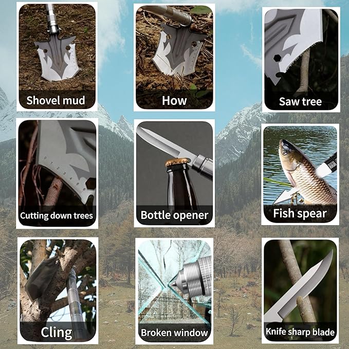 Survival Shovel Military Grade - 16-in-1 Tactical Folding Shovel with Ruler & Pouch | Heavy Duty Unbreakable Design for Camping, Hiking, Off-Road, Emergency, Gardening