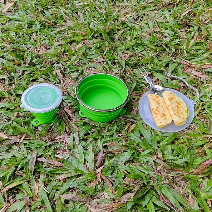 Mess Kit for Camping Silicone Collapsible Bowl Collapsible Cup and Stainless Steel Spoon for Backpacking Outdoor Hiking Traveling and Picnic - 2 Pack