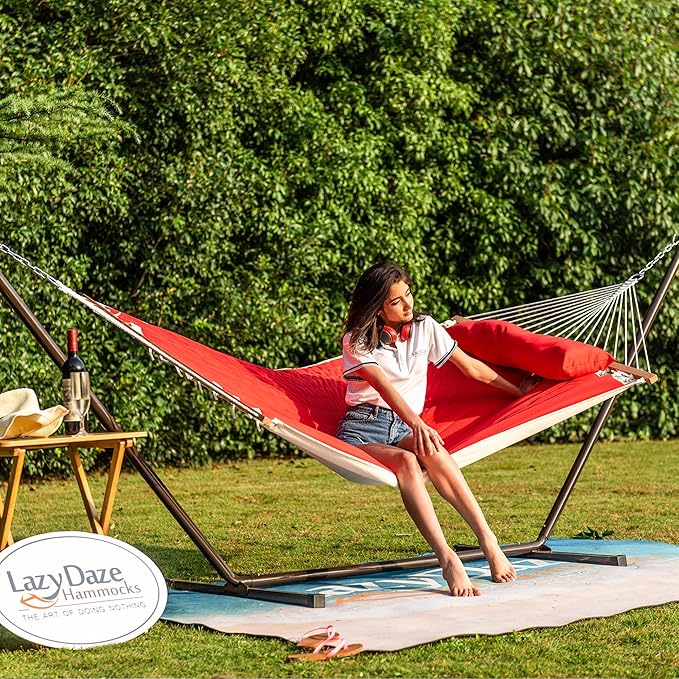 Lazy Daze Quilted Fabric Hammock with 12-Foot Stand, Double 2-Person Hammock with Pillow for Outdoor Outside Patio, Garden, Backyard, 450LB Capacity, Red