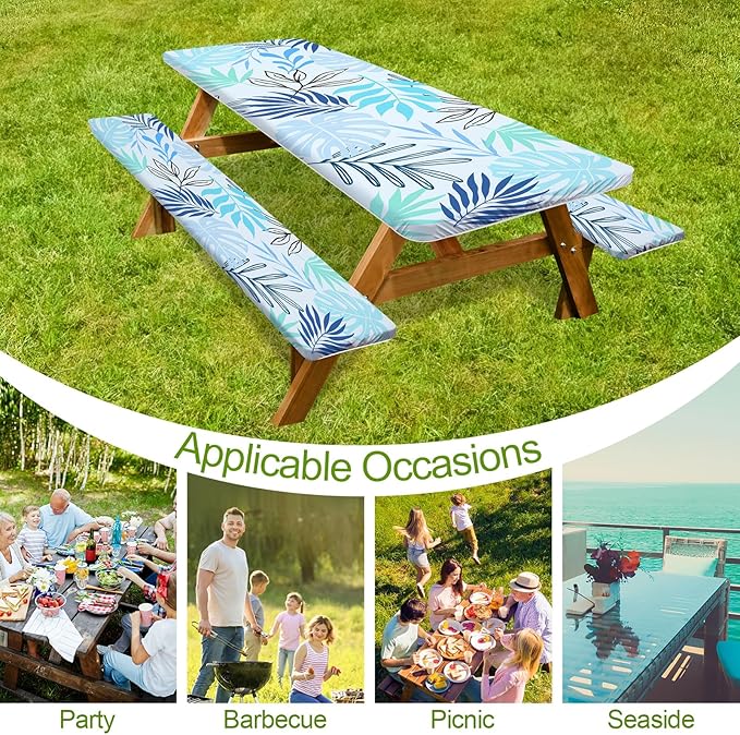 Picnic Table Cover with Bench Covers Camping Essentials Waterproof Windproof Camping Tablecloth with Drawstring Bag, Fitted Rectangle Tables and Seats, 96in, Light Green Blue