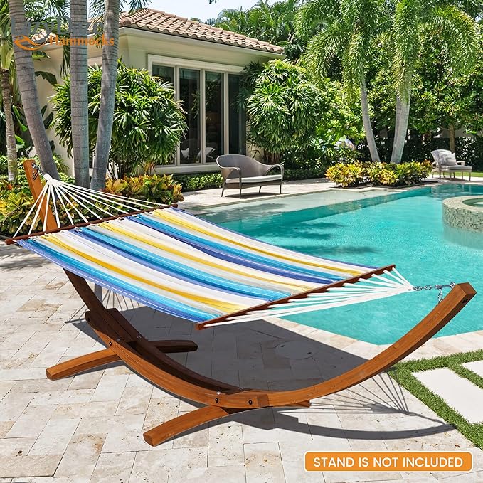 Lazy Daze Hammocks Cotton Fabric Spreader Bar Hammock, Outdoor Portable Hammock with Carrying Bag & Tree Straps for Bedroom, Patio, Backyard, Balcony, Max 450lbs Capacity, Blue & Yellow