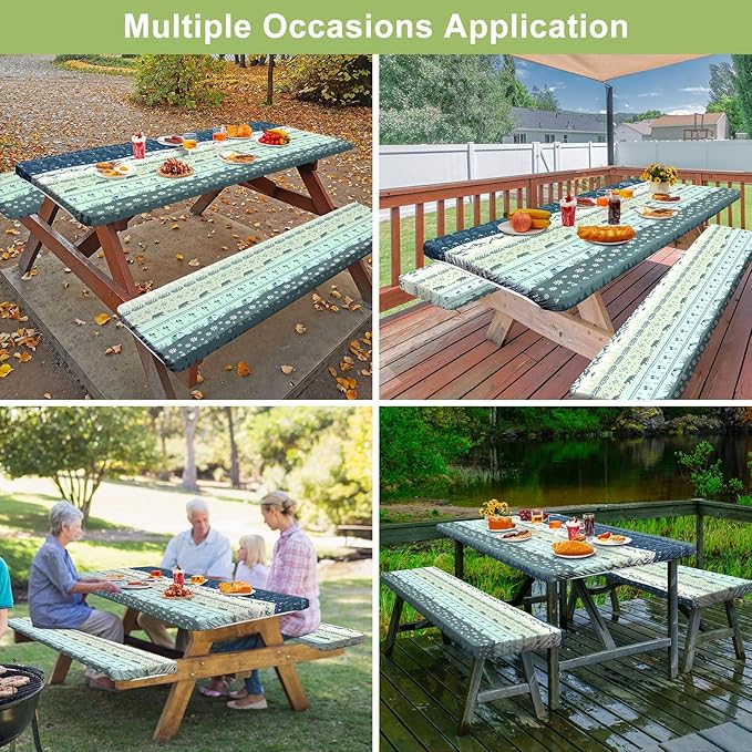 Picnic Table Cover with Bench Covers Camping Essentials Waterproof Windproof Camping Tablecloth with Drawstring Bag, Fitted Rectangle Tables and Seats, 72in, Bohemian