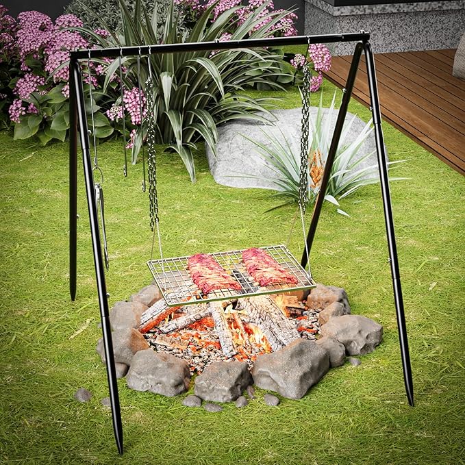 Grill Swing Campfire Cooking Stand, BBQ Grill for Cookware, Bruntmor Dutch Oven Adjustable Collapsible Legs with Hooks and Accessories