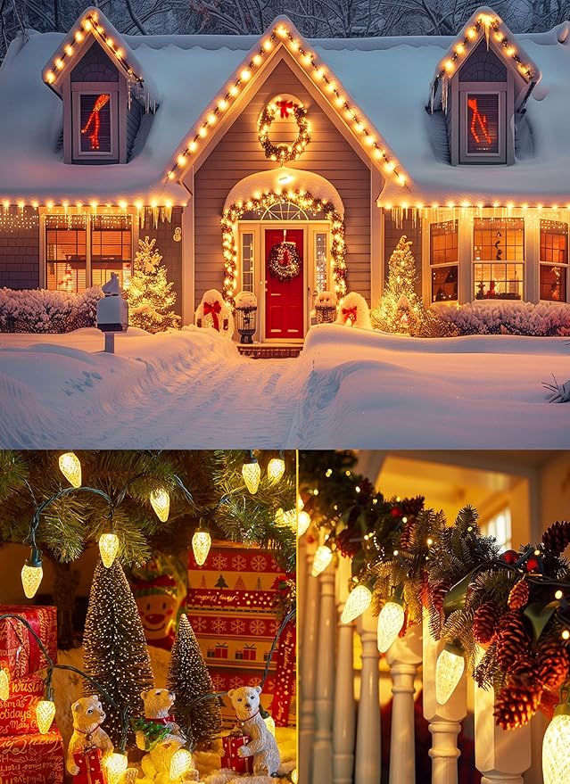 C9 LED Christmas Lights Outdoor, 81 Feet 100 LED String Light with Timer & 8 Lighting Mode, Waterproof Commercial Grade Christmas Tree Lights for Outside Indoor Roofline Patio, Warm White|2 Pack