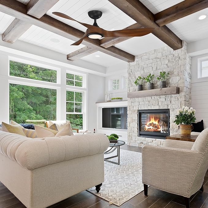 WAC Smart Fans Swirl Indoor and Outdoor 3-Blade Smart Home Ceiling Fan 54in Soft Brass Matte Black with 3000K LED Light Kit and Remote Control works with Alexa and iOS or Android App