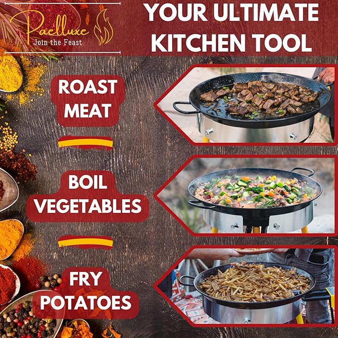 Paella Burner and Stand Set 12 Servings, 18 Inch Paella Pan, Dual Propane Outdoor Stove with Stand & Regulator, Portable Gas Cooker for Camping Crawfish Boil Cooking Outdoor, Paellera Propano