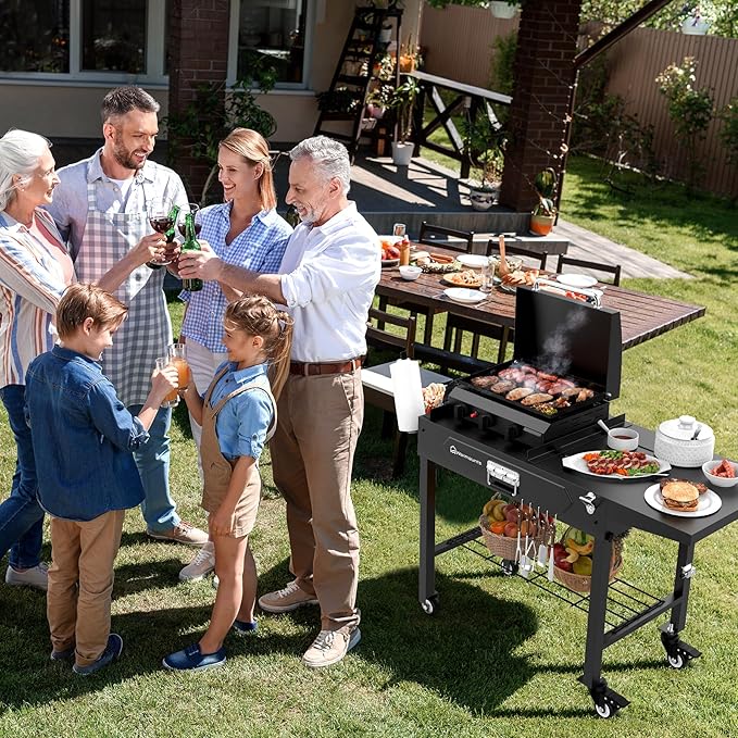 Grill Table for Outside, Portable Folding Grill Cart with Wheels and Adjustable Tabletop, 400 Lbs Weight Capacity, Movable Griddle Stand Fit 17'' or 22'' for Camping, BBQ, Cooking