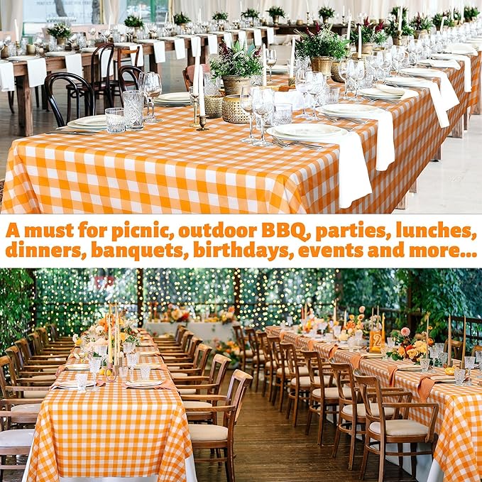 54 Inch x 300 Ft Orange Checkered Plastic Table Cloth Roll Disposable Waterproof Plastic Cover Roll with Easy Slide Cutter for Outdoor Picnic/Home Dining/Fall Thanksgiving Party Decoration