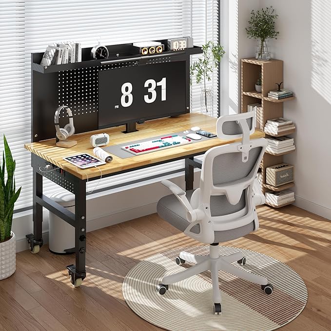 48" Heavy Duty Adjustable Workbench with Large Pegboard, Adjustable Work Table with Power Outlets & Lockable Wheels, Rubber Wood Workstation for Garage, Workshop, Office, Home, Commercial