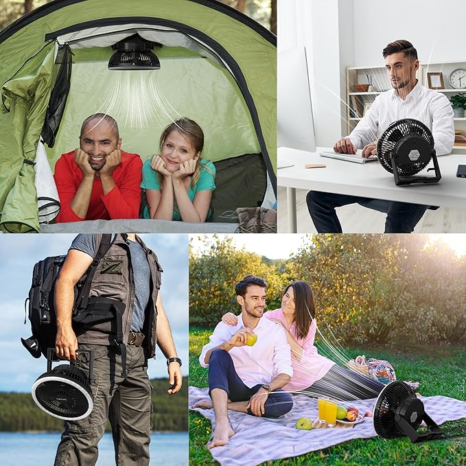 8-Inch Portable Camping Fan with LED Lantern, 10000mAh Rechargeable Battery Operated Tent Fan, 3 Speeds Table Fan with Light & Hook for Camping RV Travel Jobsite Hurricane Power Outage