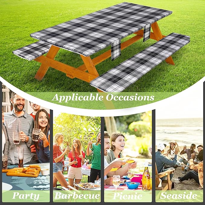 Fitted Picnic Table Cover with Bench Covers Waterproof Elastic Edges Rectangle Patio Tablecloth Outdoor Camping Essentials Stuff Rv Accessories Summer Trip Travel Camper Gifts for Woman Men, 72in 6 ft