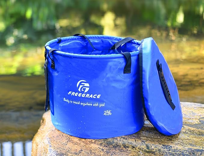 Premium Collapsible Bucket by Freegrace - Compact Portable Folding Water Container - Lightweight & Durable - Includes Handy Tool Mesh Pocket