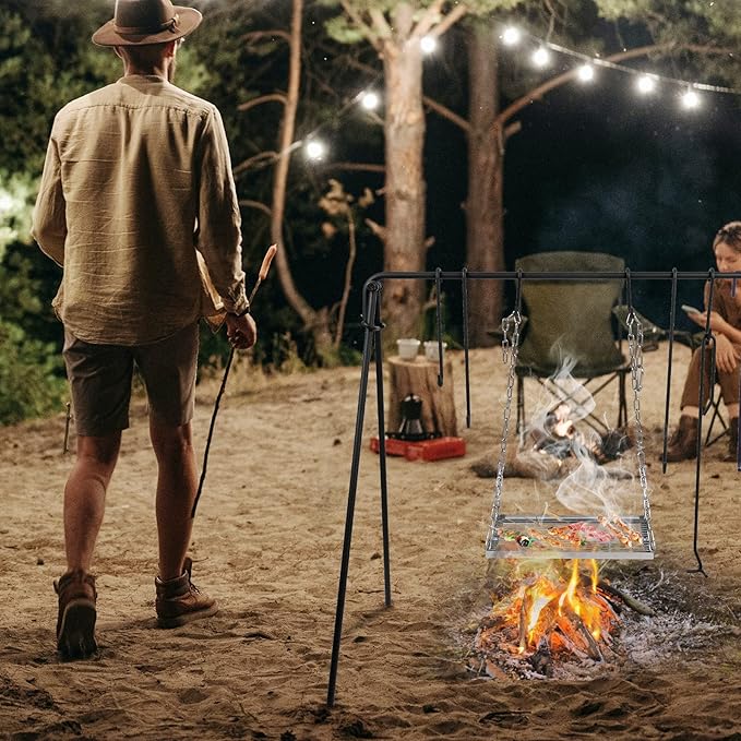 REDCAMP Swing Campfire Grill Stand - Collapsible Campfire Cooking Rack with 6 Hooks & Stainless Steel Grill Grate, Portable Dutch Oven Hanger for Outdoor Camping, Cookware, Bonfire, Rectangle 