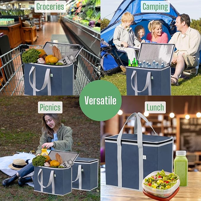 VENO 3 Pack Cooler Bag Insulated Reusable Grocery Shopping Bag, Food Delivery, Heavy Duty, Large Size, Durable Handles, Double Zippers, Lid, Collapsible (Dark Blue, 3 Pack)