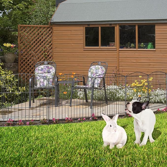 INJOPEXI Decorative Garden Fence 6 Panels 11.8ft (L)×24in (H) with 5 Panels 1 Gate Rustproof Wire No Dig Animal Barrier Fencing for Outdoor Backyard Black