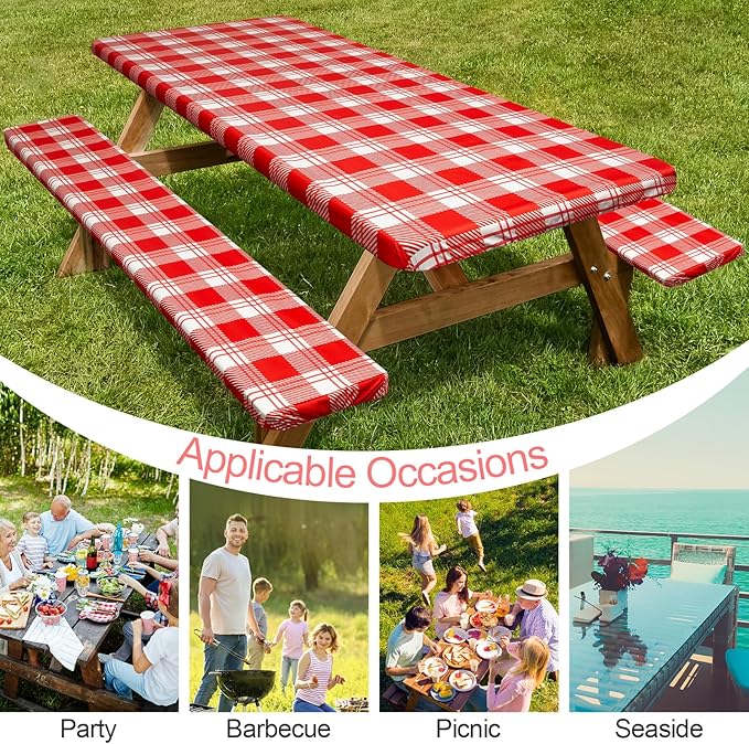 Picnic Table Cover with Bench Covers Camping Essentials Waterproof Windproof Camping Tablecloth with Drawstring Bag, Fitted Rectangle Tables and Seats, 60in, Red Checkered