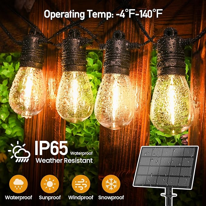 Solar String Lights Outdoor Waterproof 66 FT 30 Sockets 32 LEDs Patio Lighting, USB Charge & Remote Controlled Dimmer Timer, Solar Outdoor Lights for Patio Yard Outside Camping Party 2700K