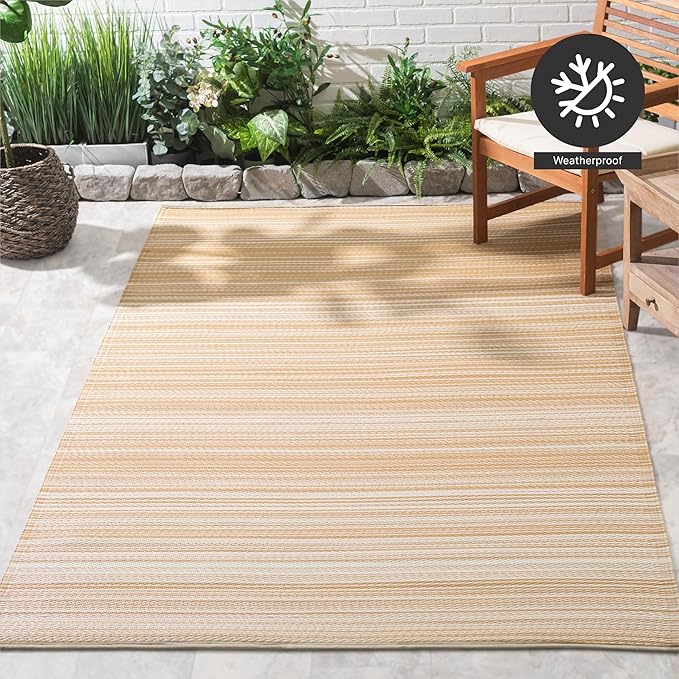 FH Home Outdoor Camping Rug - Waterproof, Fade Resistant, Reversible - Premium Recycled Plastic - Striped - Large Patio, Deck, Sunroom, RV - Havana - Beige - 9 x 12 ft Foldable