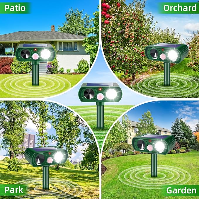 4 Pack Solar Ultrasonic Animal Repellent Squirrel Fortress Pro Outdoor,Cat Deer Repellent with Motion Detection Strobe Light,Waterproof Repeller for Raccoon Rabbit Dog Skunk,Yard Garden Protection