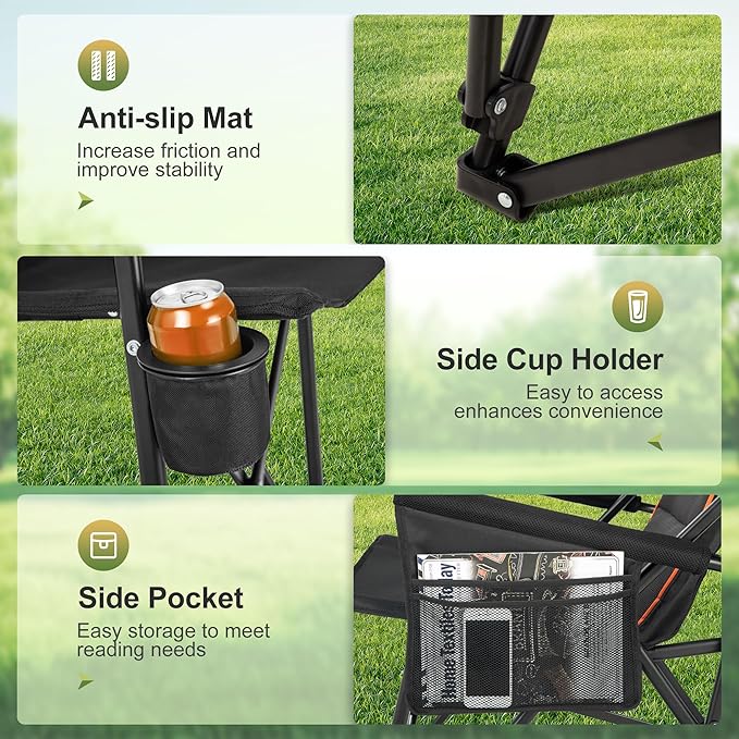 LET'S CAMP Oversized Camping Chairs 29.52" High Back Heavy Duty Lawn Chair Support 500LBS, Portable Collapsible Chair with Cup Holder, Side Pocket(Black)