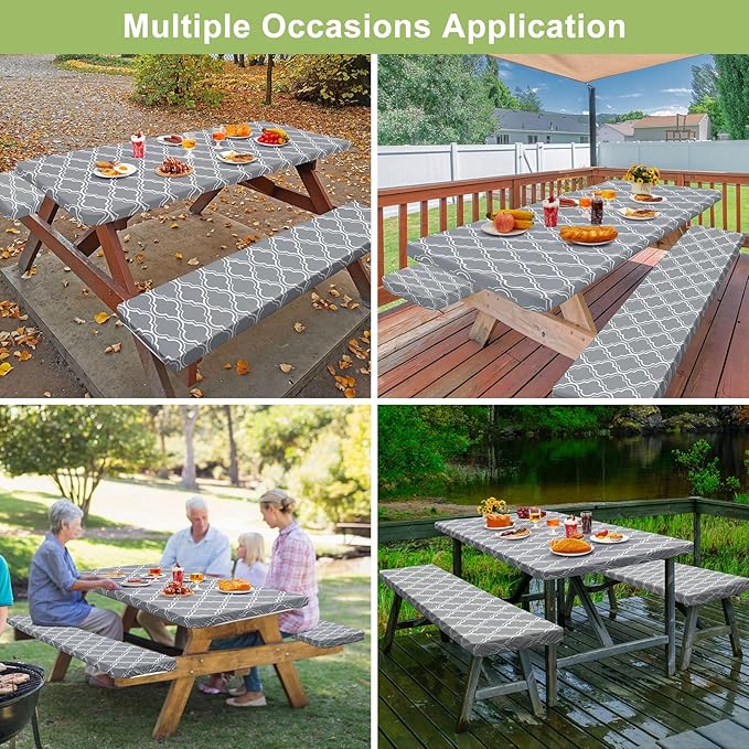 Picnic Table Cover with Bench Covers Camping Essentials Waterproof Windproof Camping Tablecloth with Drawstring Bag, Fitted Rectangle Tables and Seats, 72in, Grey