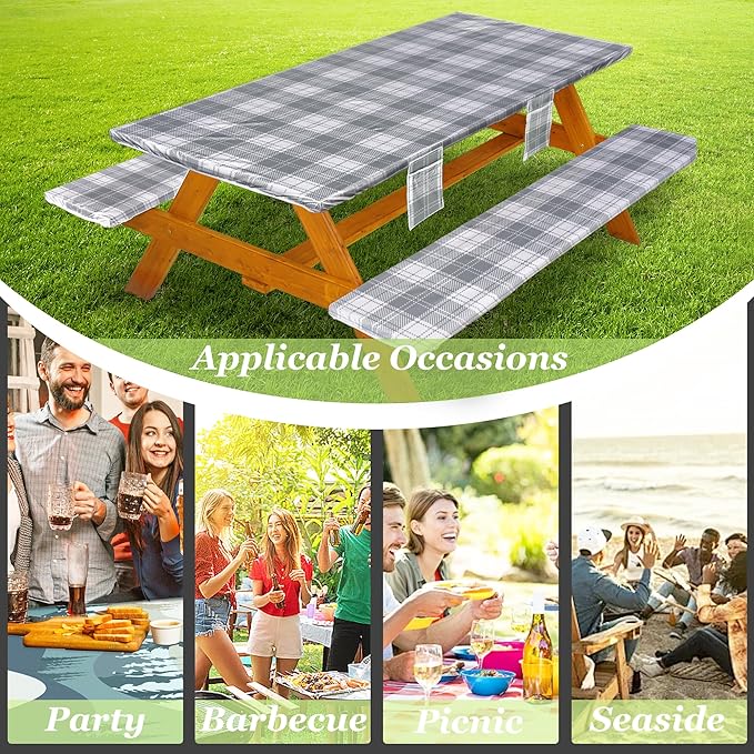 Fitted Picnic Table Cover with Bench Covers Waterproof Elastic Edges Rectangle Patio Tablecloth Outdoor Camping Essentials Stuff Rv Accessories Summer Trip Travel Camper Gifts for Woman Men, 72in 6 ft