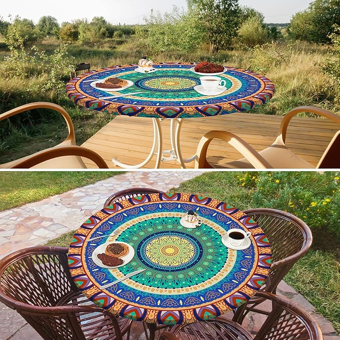 Round Tablecloth Fitted Elastic Table Cover Waterproof Table Cloth for Dinner, Party, Picnic,Camping, Round Table Cover for Indoor Outdoor