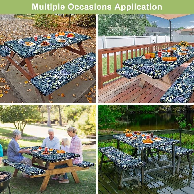 Picnic Table Cover with Bench Covers Camping Essentials Waterproof Windproof Camping Tablecloth with Drawstring Bag, Fitted Rectangle Tables and Seats, 72in, Deep Blue Green