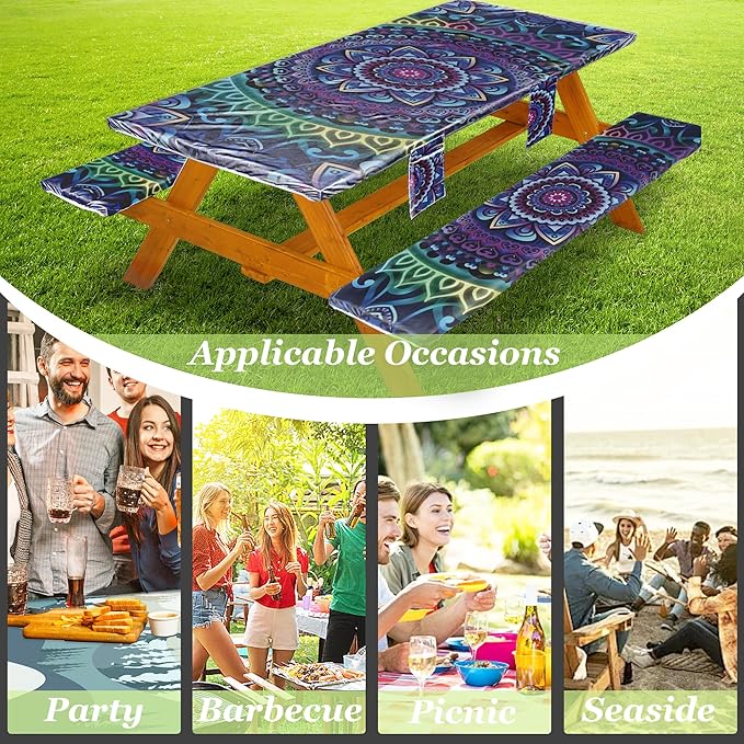 Picnic Table Cover with Bench Covers Vinyl Elastic Edges Fitted Rectangle Seat Tables Waterproof 3-Piece72X30in Set Outdoor Rectangular Folding Backing Tablecloth for Camping Over SizeTie-Dye 101