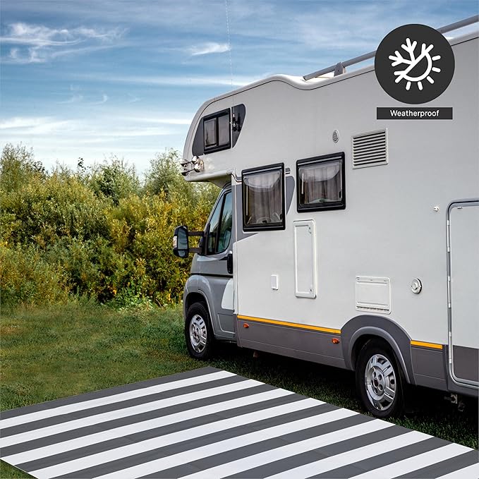 FH Home Outdoor Rug - Waterproof, Fade Resistant, Crease-Free - Premium Recycled Plastic - Geometric - Patio, Porch, Deck, Balcony - Brittany Stripe - Gray & White - 5 x 8 ft