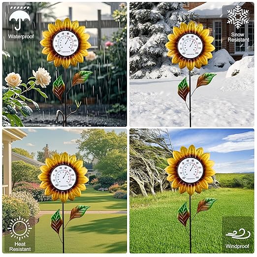 Sunflower Indoor Outdoor Thermometer - Large 35.8 * 12.6 Inch Wall & Stake Waterproof Decorative Easy-Read Outdoor Thermometers for Patio Garden Decor, No Require Batteries, Perfect Gifts